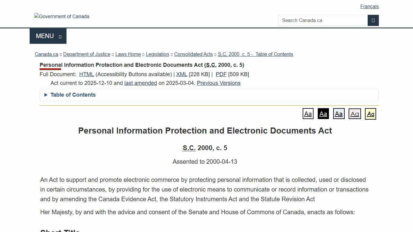 Personal Information Protection and Electronic Documents Act